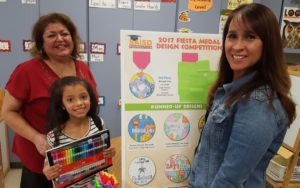 Congratulations Nevaeh Lira, 1st grade student at Fenwick Elementary School, our 2nd place winner in SAISDFoundation's 2017 Fiesta medal design competition. Miss Lira won gift of art supplies and her teacher, Ms. Fenton, received an art grant for her class. Pictured (l to r): Ms. Lira (Nevaeh's mother); Nevaeh Lira and Ms. Fenton.